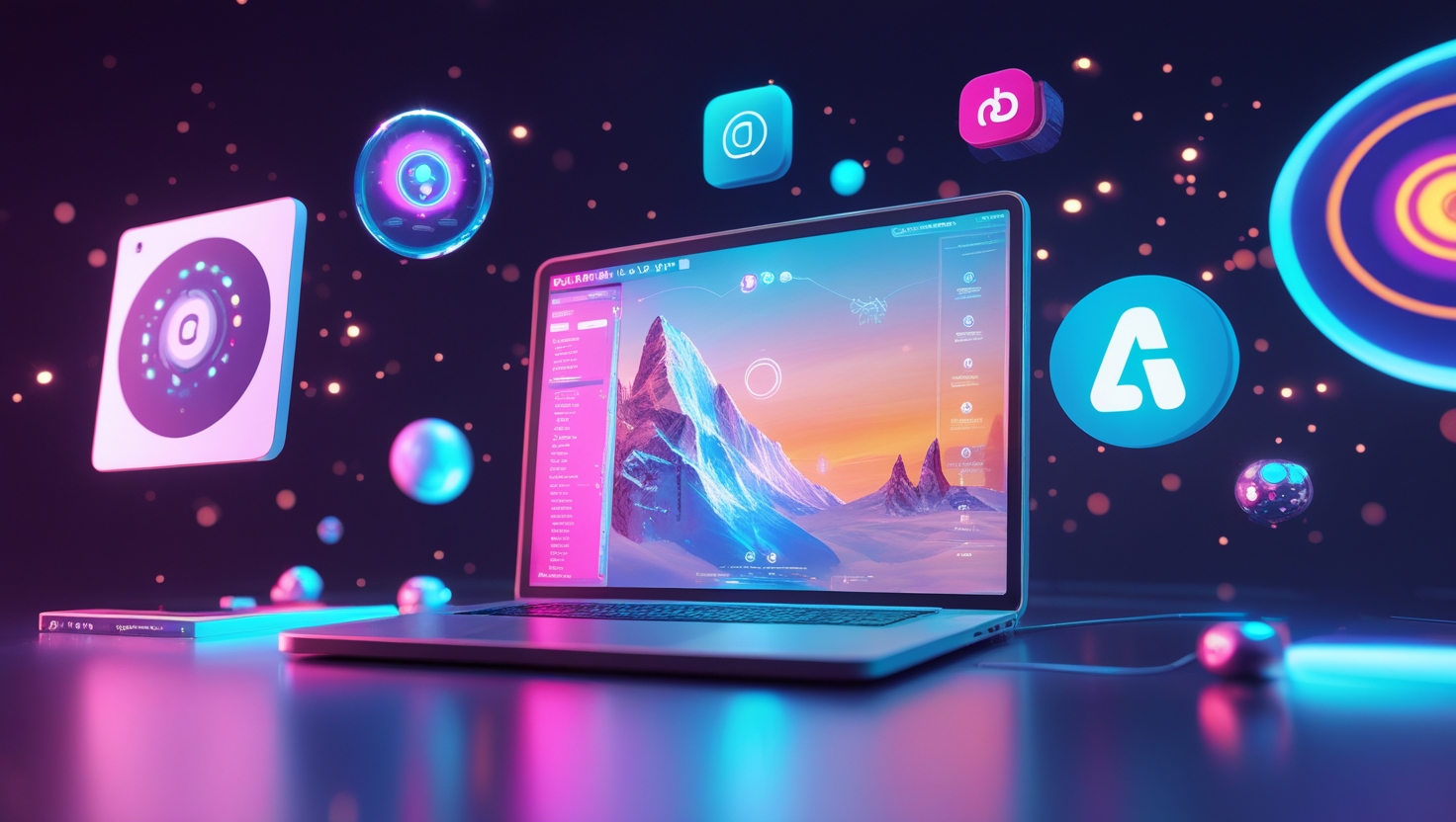 Ambiente digital futurista com imagens sendo geradas por inteligência artificial, representando ferramentas como Midjourney, DALL·E, Stable Diffusion e Adobe Firefly em uma interface holográfica com visual criativo e tecnológico.