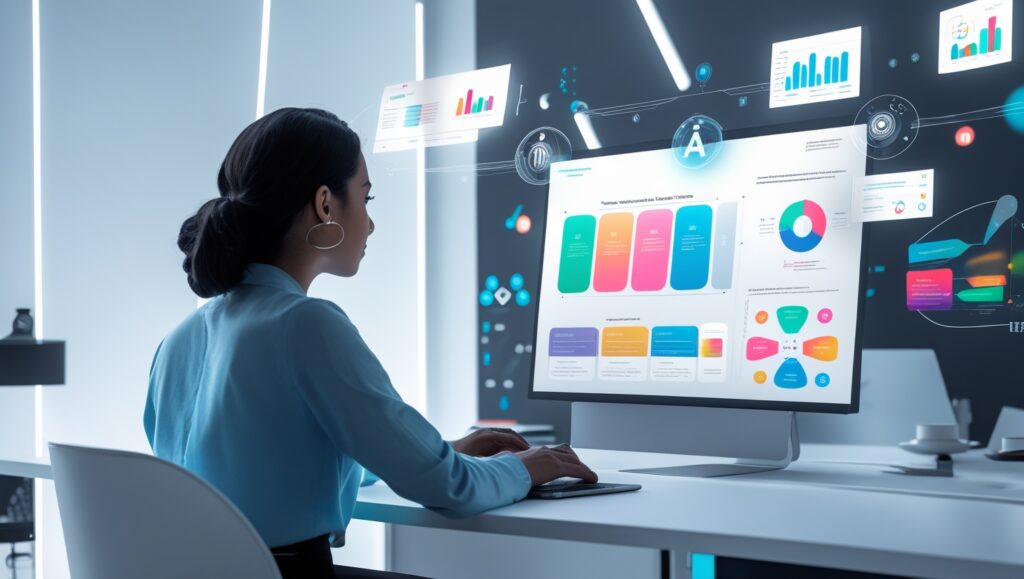 Pessoa criando uma apresentação digital em um laptop com ajuda de inteligência artificial, com slides coloridos sendo formados automaticamente em um ambiente moderno e tecnológico.