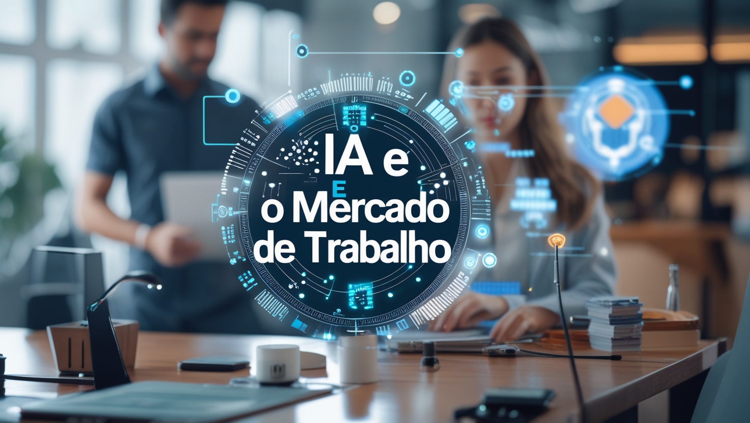 Capa do blog com o título "IA e o Mercado de Trabalho", mostrando elementos tecnológicos como circuitos e robôs, simbolizando a influência da inteligência artificial no mercado profissional.