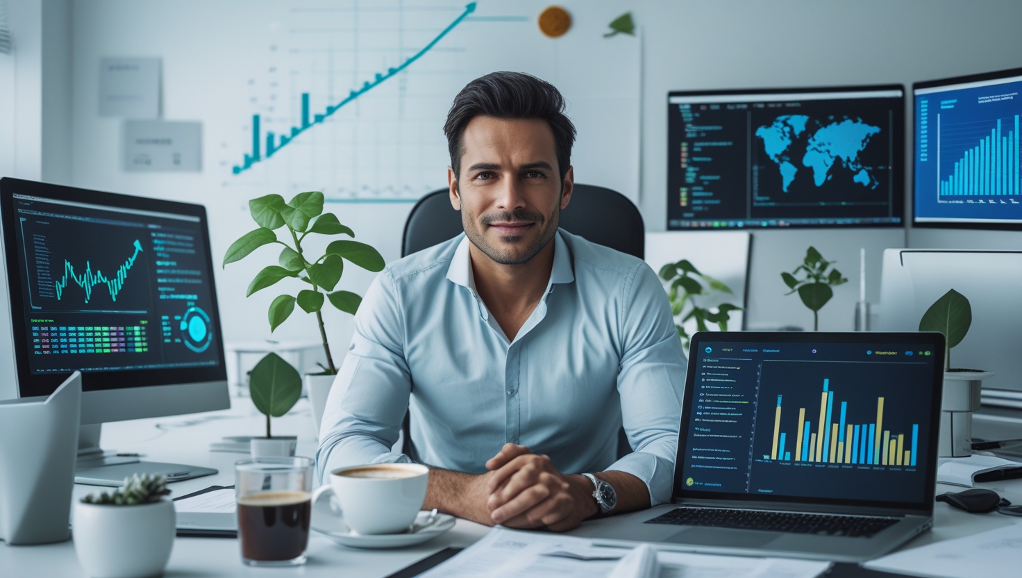 Empreendedor usando IA para negócios escaláveis com gráficos de crescimento ao fundo.