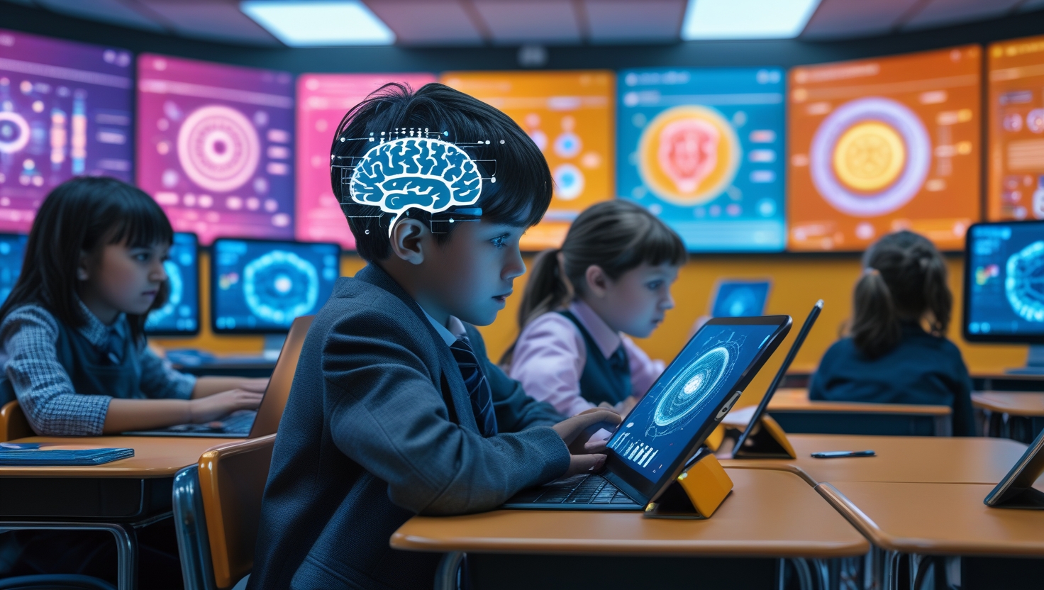 Alunos utilizando tecnologia educacional com inteligência artificial em sala de aula — IA nas escolas