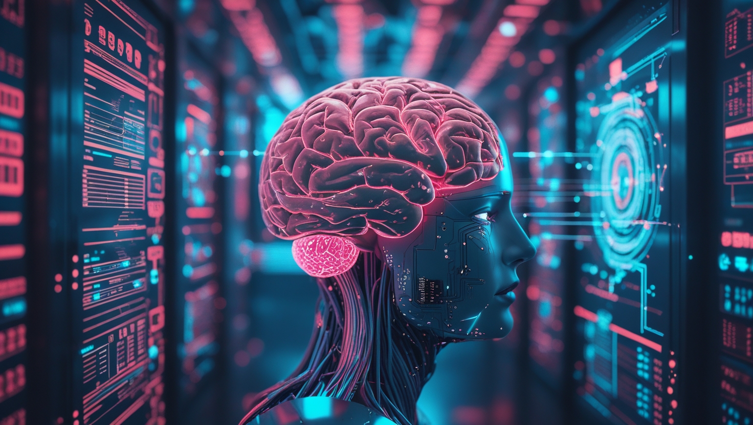 Ilustração conceitual mostrando como uma inteligência artificial funciona, com elementos como cérebro digital, dados e rede neural.