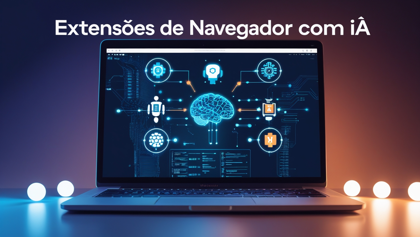Ilustração de um navegador com extensões ativadas e elementos visuais de inteligência artificial, representando ferramentas práticas com IA.