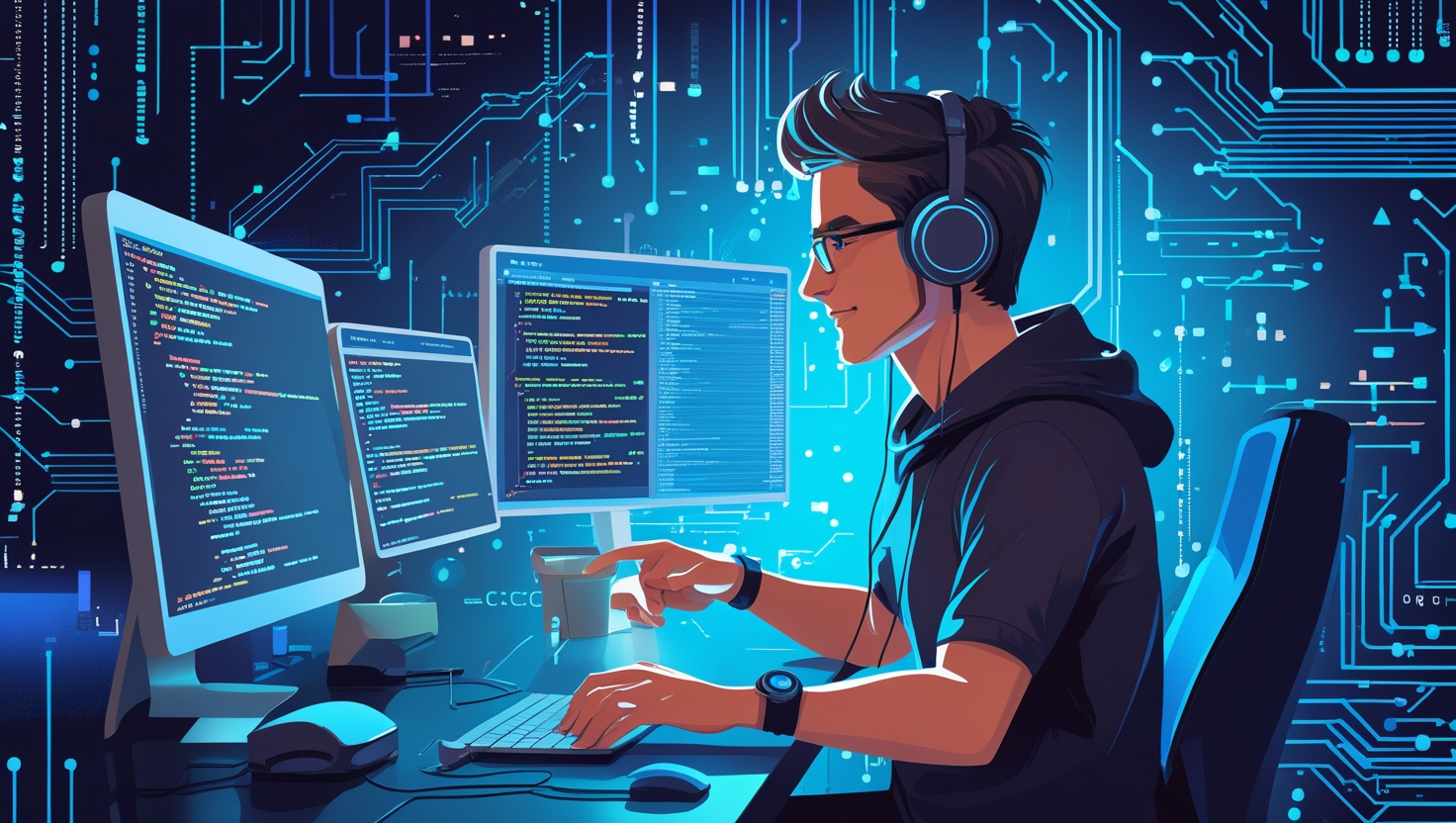 Programador utilizando ferramentas de IA para programação com códigos e sugestões inteligentes na tela