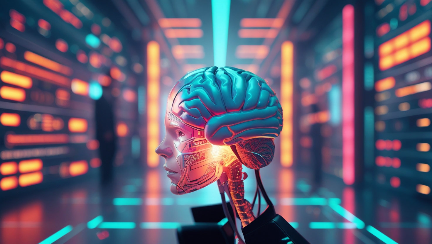 Ilustração conceitual de uma balança entre cérebro humano e inteligência artificial, simbolizando a confiabilidade da IA.