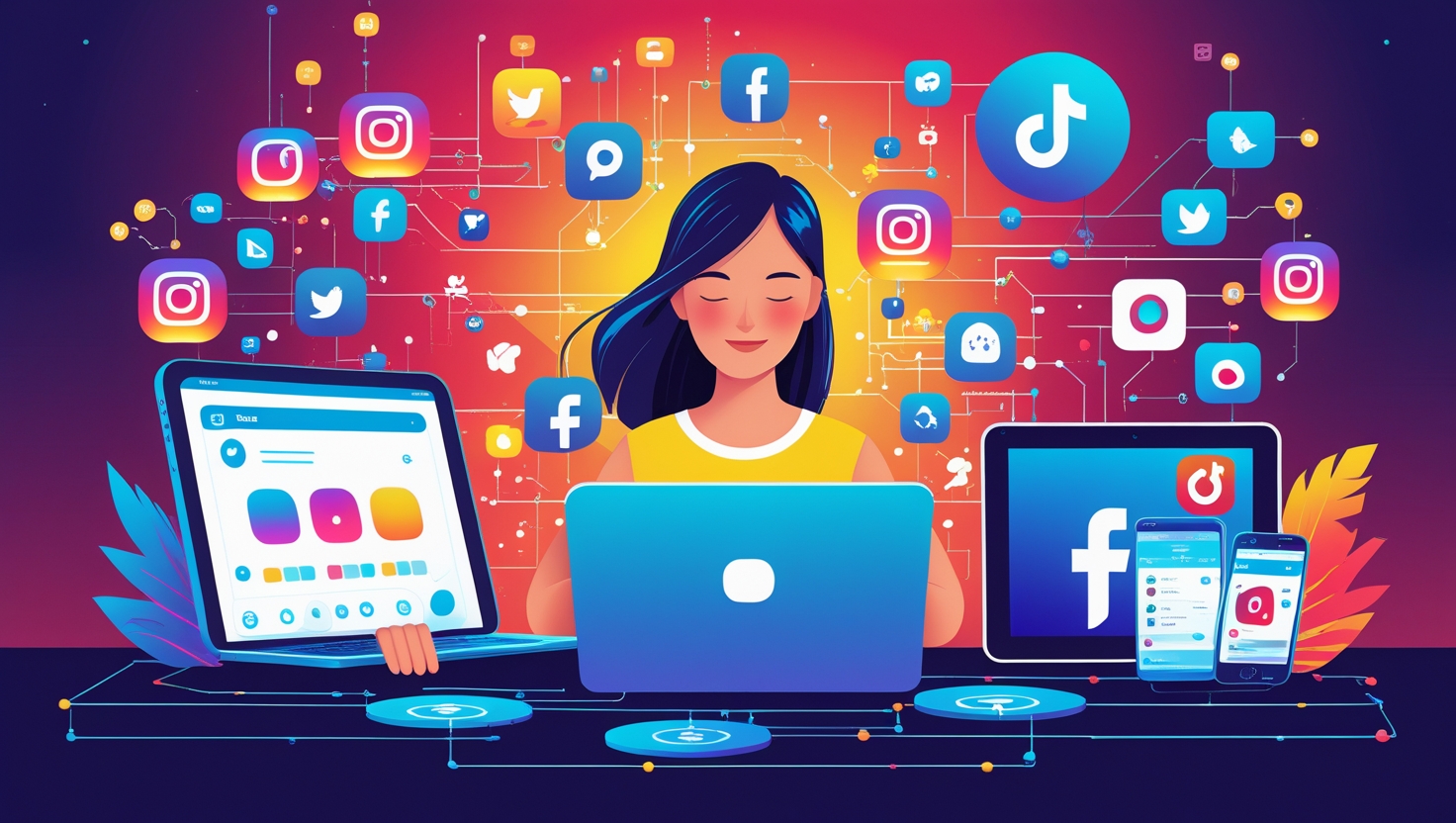 Ilustração representando o uso de IA em redes sociais com dispositivos conectados e ícones digitais interativos.