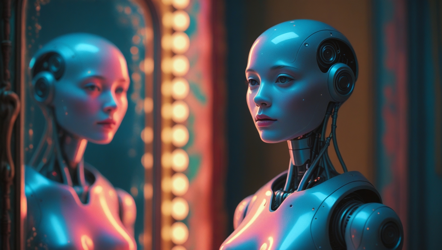 Ilustração de um robô diante do espelho representando o conceito de IA se tornar consciente
