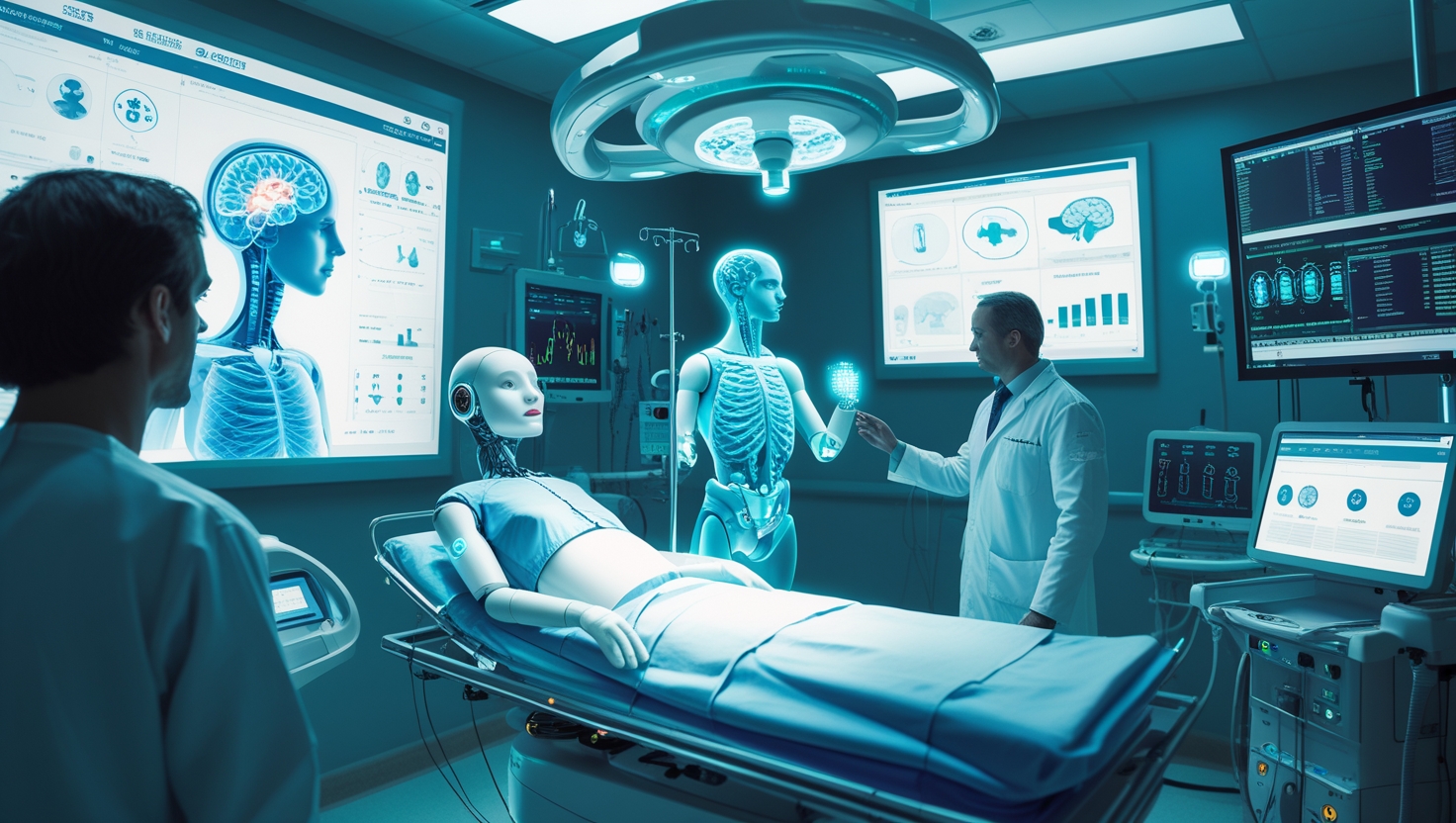 Representação visual do uso da inteligência artificial na medicina, com médicos interagindo com dados digitais, robôs cirúrgicos e elementos tecnológicos em ambiente hospitalar