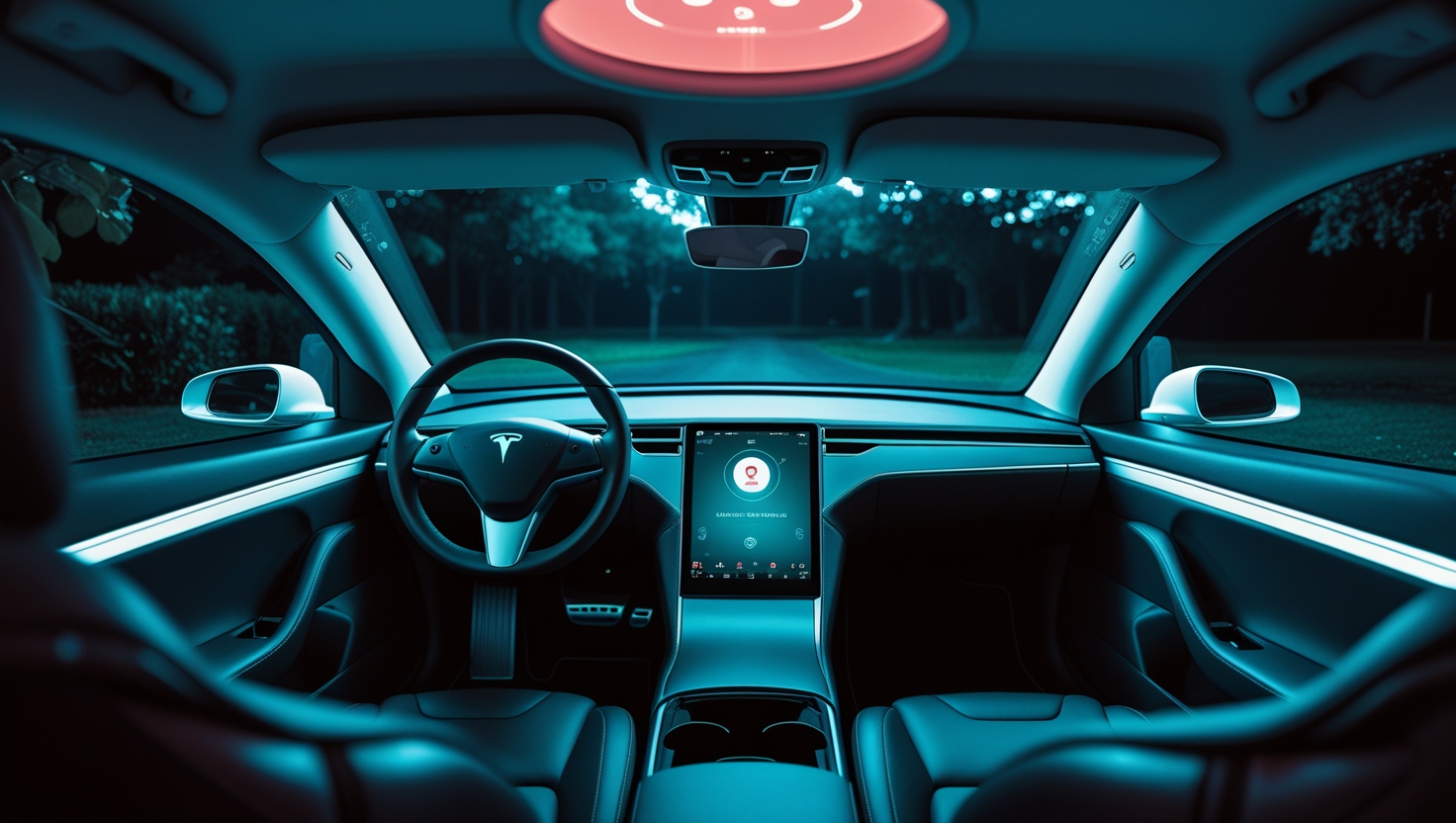 Imagem ilustrando o uso do Grok AI na Tesla, com o painel do carro exibindo a interface de inteligência artificial conversando com o motorista.
